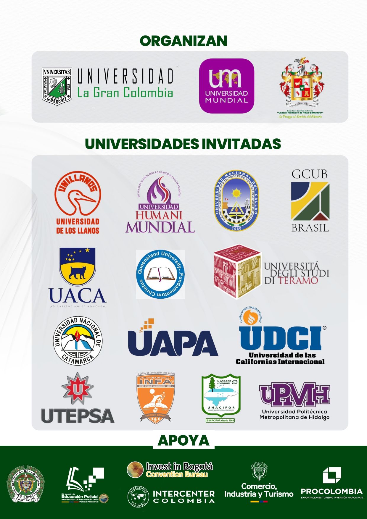 Logos de universidades organizadoras e invitadas al XXVI Simposium Mundial de Liderazgo en Bogotá 2025