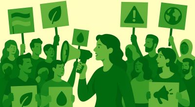 Ilustración en tonos verdes de una marcha ambiental: mujer con megáfono y manifestantes con carteles de hoja, gota, alerta y planeta.