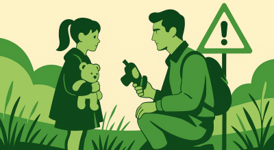 Ilustración en tonos verdes, estilo del Congreso Hispanoamericano de Derechos Humanos: hombre arrodillado ofrece una máscara a una niña con oso de peluche, con señal triangular de peligro al fondo.