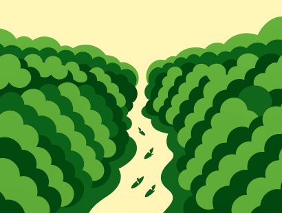 Ilustración plana en tonos verdes: río serpenteante entre bosques con canoas, identidad gráfica del IV Congreso Hispanoamericano de Derechos Humanos.